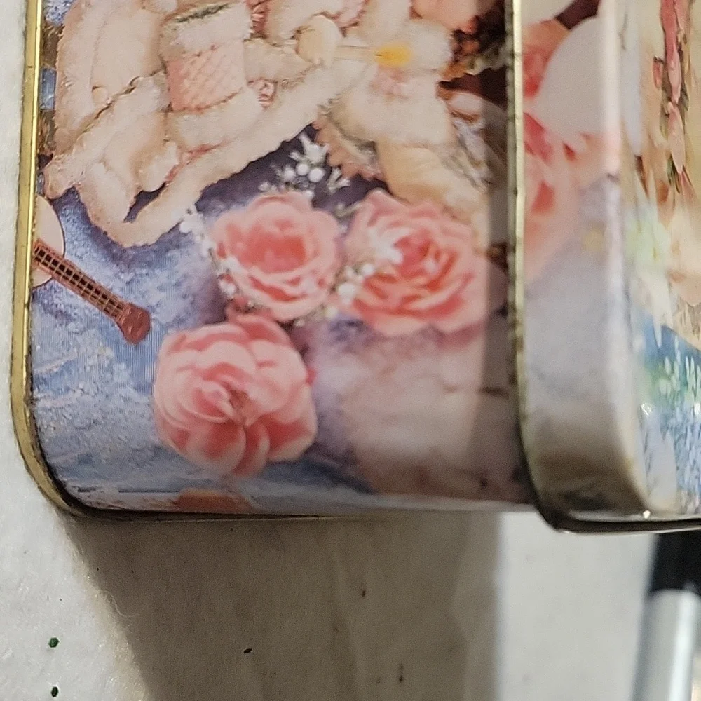 Vtg Winter Rose Metal Tin Box Container Angels Cherubs Mandolin Christmas